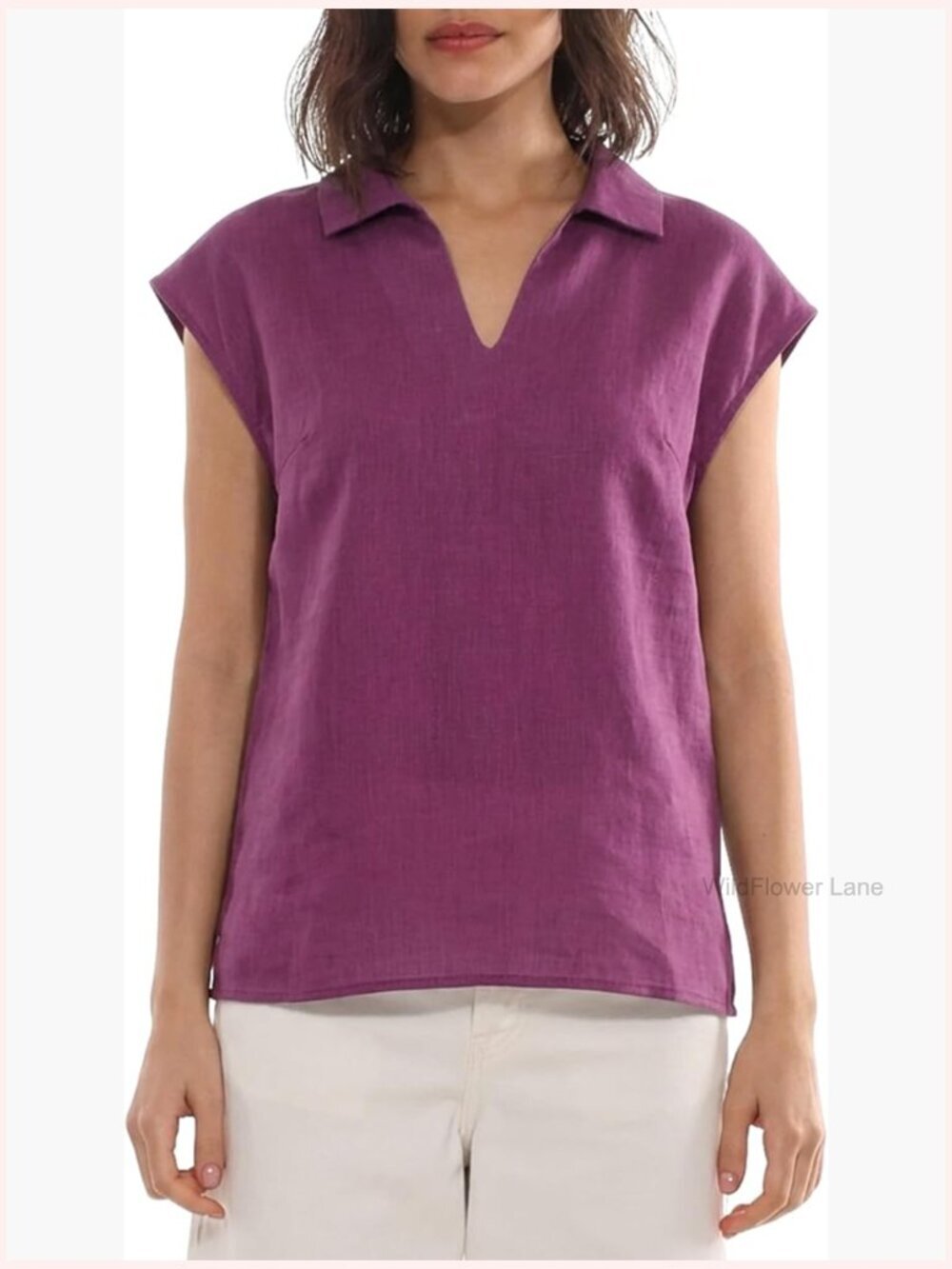 100% Linen Lace Trim Cap Sleeve V-Neck Collared Blouse